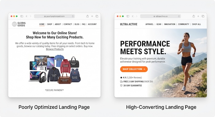 Beispiel einer guten und einer schlechten Above-the-Fold-Experience. Die gute ist auf Conversion optimiert und zeigt ein klares Wertversprechen sowie einen starken Call-to-Action.