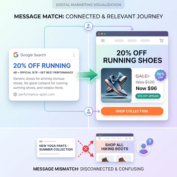 Ein Beispiel für einen Message-Mismatch in einem CRO-Funnel. Der Nutzer ist von der Botschaft verwirrt, weil sie nicht zur Above-the-Fold-Experience passt (Kongruenz).