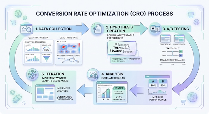 Bild zeigt ein Framework zur Conversion Rate Optimization, das inhouse umgesetzt werden kann und typischerweise von Agenturen verwendet wird.